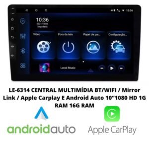 CENTRAL MULTIMÍDIA BT/WIFI / Mirror Link / Apple Carplay E Android Auto 10”1080 HD 1G RAM 16G RAM