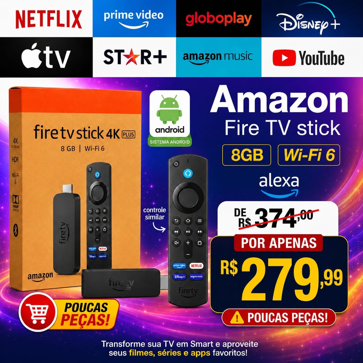 Smart Amazon Fire TV Stick 8GB Wifi 6 Controle Similiar